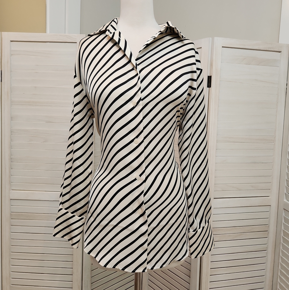 H&M Black & Off White Diagonal Stripe Button-Up Shirt Oversized